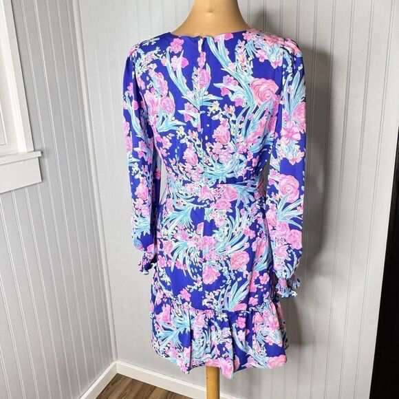 Lilly Pulitzer Sz 8 Rosie Stretch Dress Womens Navy Turquoise Pink Belted NICE - Picture 10 of 16